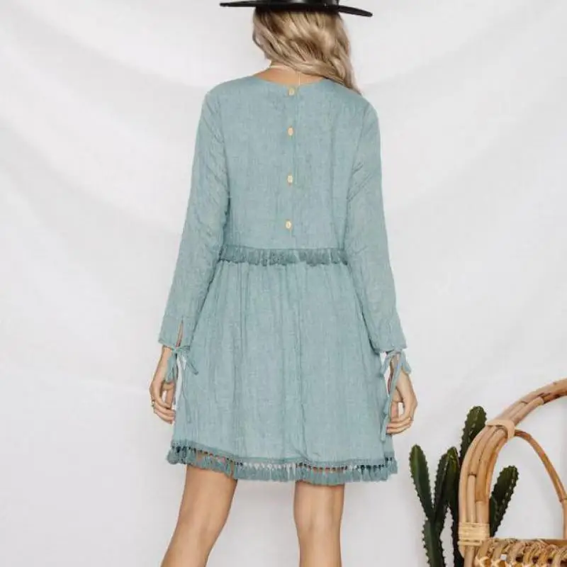 2018 Осенние новые модные хлопчатобумажное платье Женщины О-образным вырезом Solid