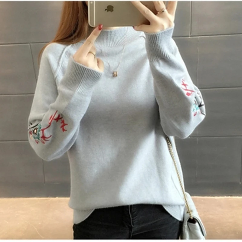 Girl Autumn Winter Plus Size Long Sleeve Knitted Sweater Female Embroidered Half Turtleneck Loose Pullover F280 | Женская одежда