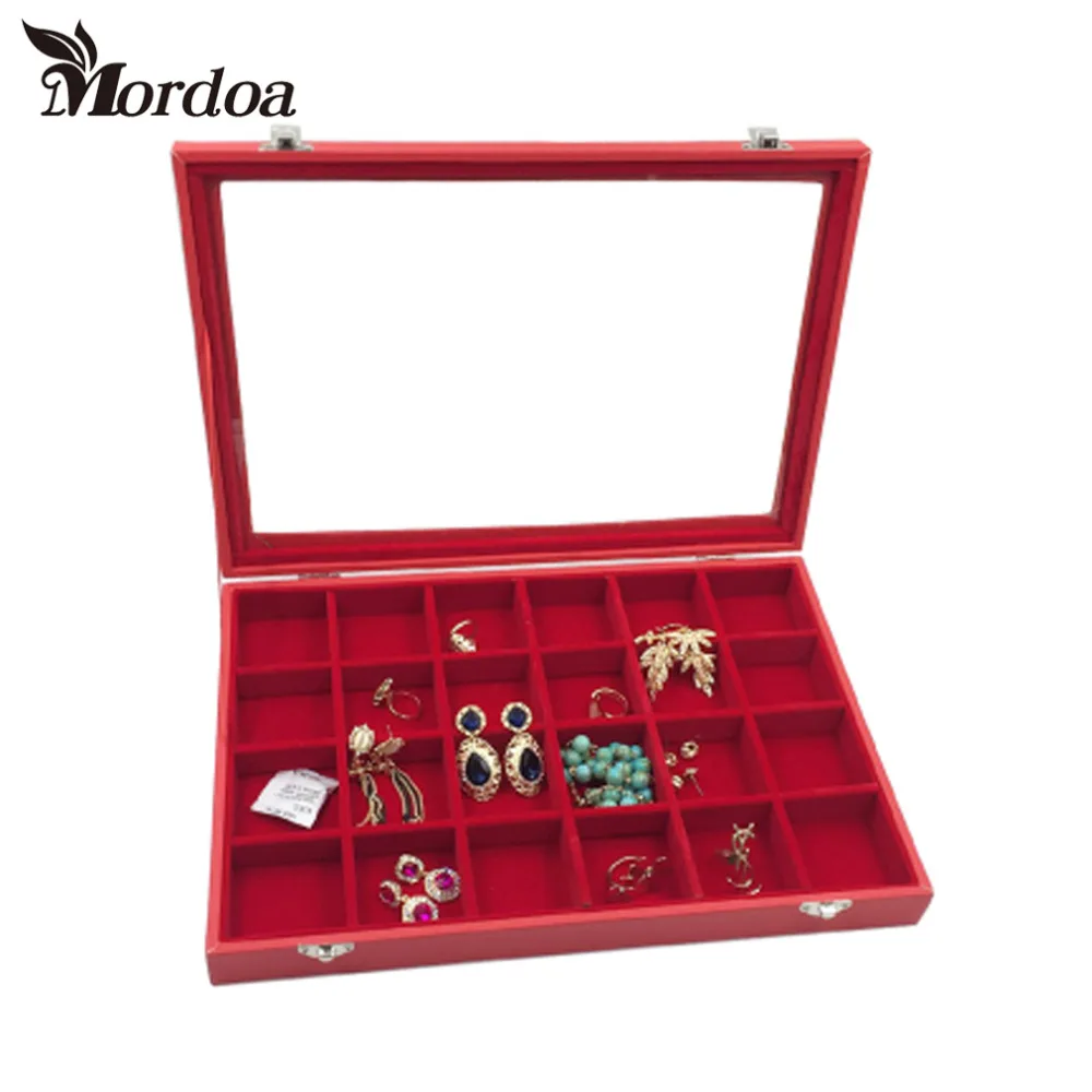 24 слота красная коробка для ювелирных изделий стеклянная крышка хранения колец