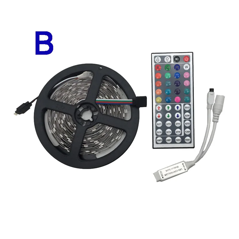 B Светодиодная лента RGB, светильник 5050 smd, гибкая светодиодная лента постоянного тока 12 В, 60 светодиодов/м, 5 м, RGB Светодиодная лента, не водонепроницаемая, 44 кнопки, контроллер, комплект адаптеров - Испускаемый цвет: B