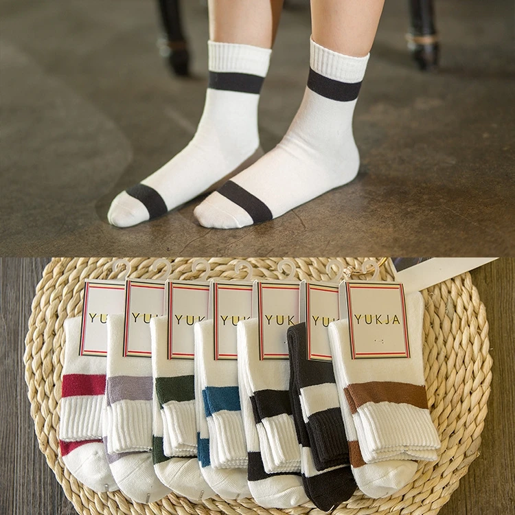 Лот из 5 пар полосатых хлопковых женских повседневных носочков пять цветов в