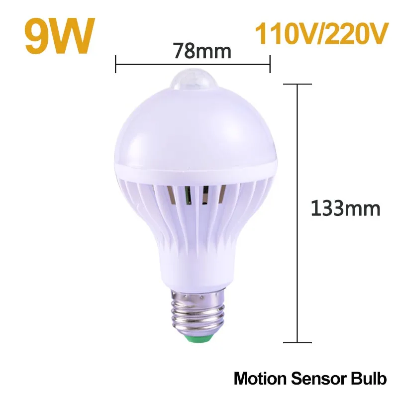9w sensor bulb Светильник с датчиком движения, светодиодный светильник 220 В, 5 Вт, 9 Вт, 12 Вт, 18 Вт, Ночной светильник с датчиком движения, автоматическое включение для прихожей, лестниц, светильник ing - Испускаемый цвет: 9w sensor bulb