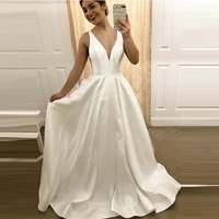 vestidos de boda simple satin sexy v neck wedding dress straps backless wedding gown a line bridal dress robe de mariage 2022