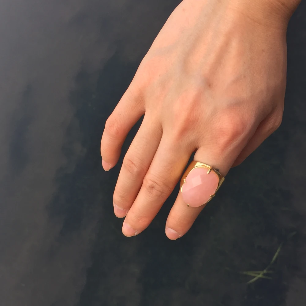 

Natural Gems Wedding Rings Egg Shape Amazonite Pink Opal Agates Jewelry Faceted Gold Rings Turquoises Women Band Rings ZG0321