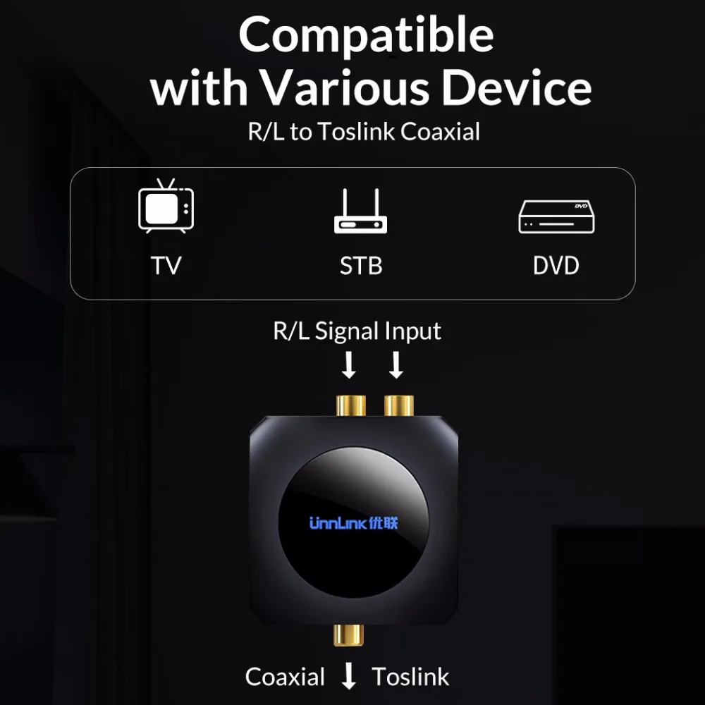 Unnlink аналогово-цифровой аудио преобразователь адаптер 96 кГц R/L RCA к SPDIF оптический