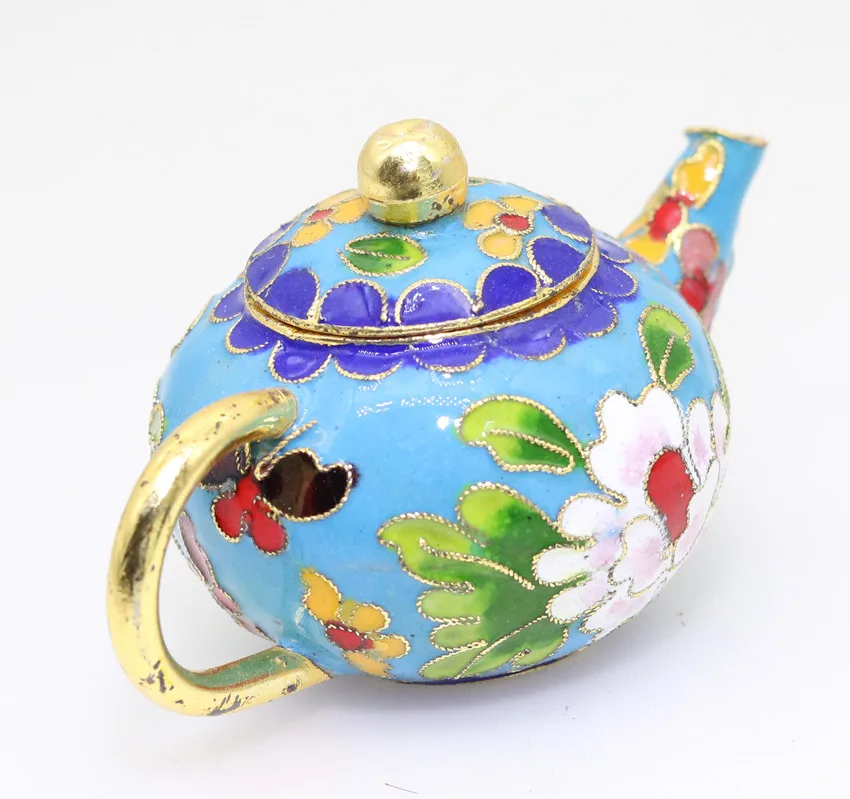 Chinese MiNi Ornament Cloisonne Enamel copper wire inlay green leaves pink white flower acid blue decoration gourd flagon H022 | Дом и сад