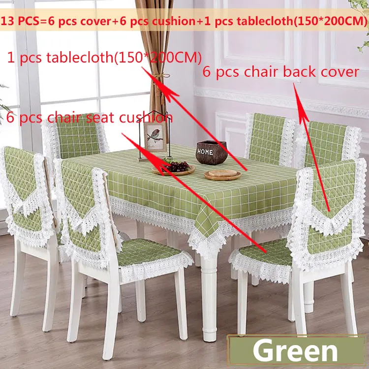 Green13pcs150x200cm Клетчатая прямоугольная скатерть в стиле кантри, пасторальная кружевная ткань, художественная столовая скатерть, Набор стульев, наволочки, домашний декор - Цвет: Green13pcs150x200cm