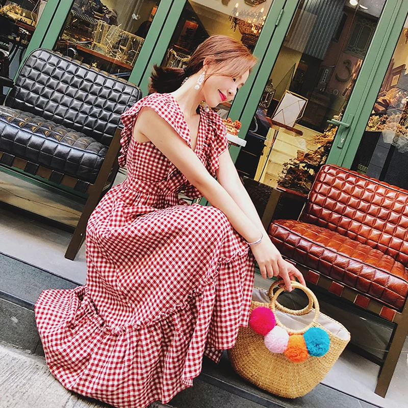 Women Casual Red White Plaid Summer Long Dress Ruffle Edge V-neck High Waist Sleeveless Sundress Big Size New Arrival Hot Sale | Женская