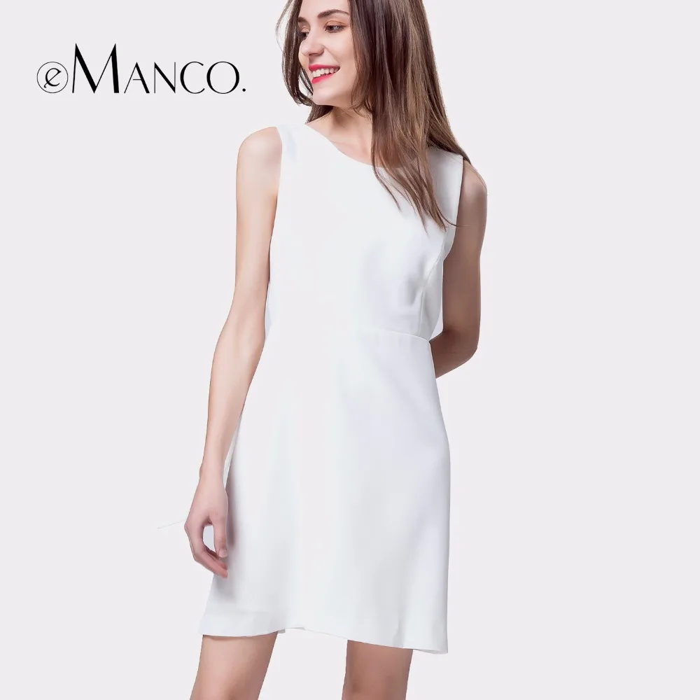 EManco 2017 женская Спинки Твердые Белое Платье О-Образным Вырезом Линии Высокая