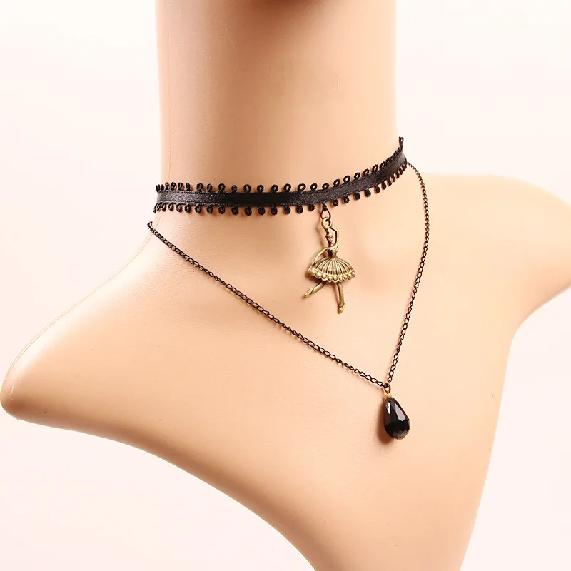 2017 Exquisite Black Lace Ballet Water Drop Crystal Pendant Double Layer Choker Necklace For Women Best Like Gift N258 |