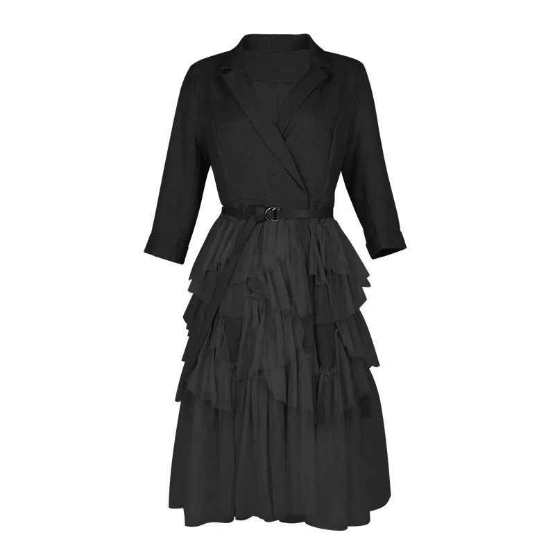 

Bella Philosophy Summer Mesh Patchwork Women Dress Lapel Three Quarter Sleeve Sashes High Waist Knee Dresses Female Fashion
