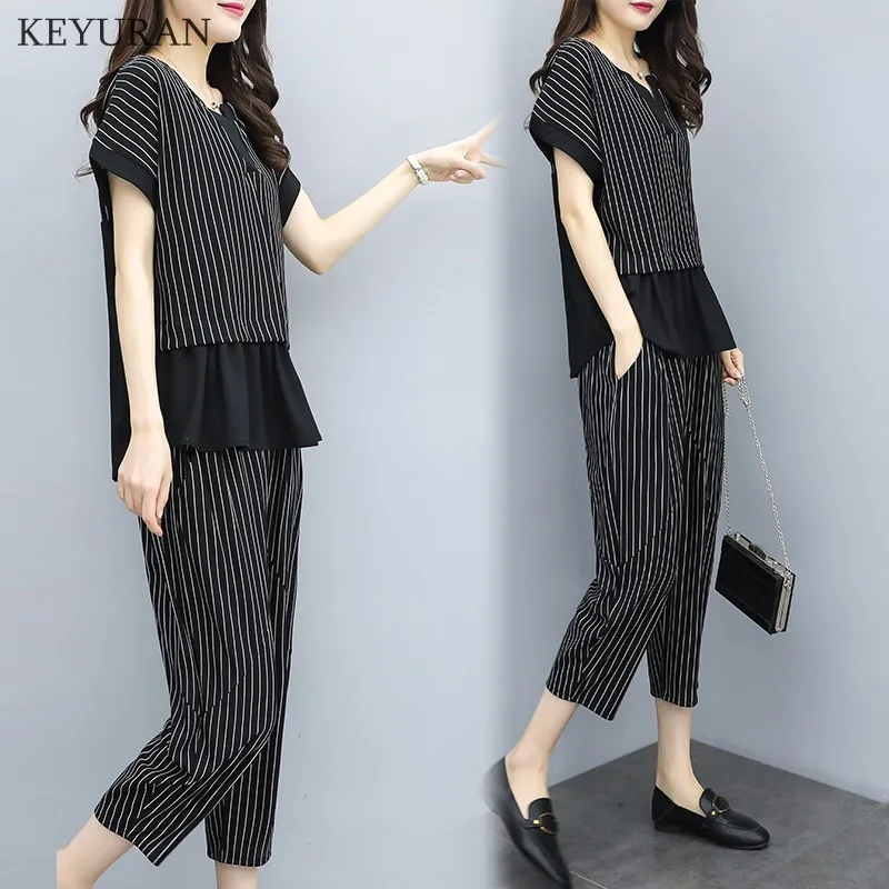Summer New 2019 Women Fashion Stripe Two Pieces Sets Female Patchwork Tops and Ankle Length Pants Woman Casual Loose Suits L3112 | Женская