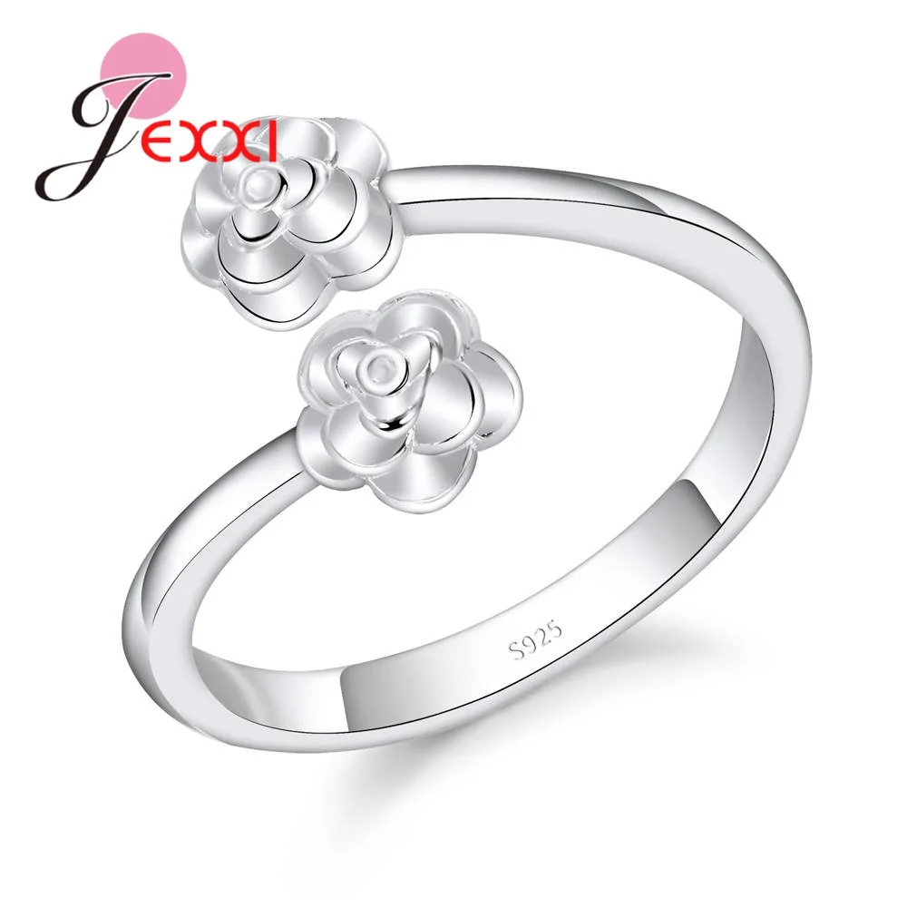 

Women Girls Christmas Gist High-End Flower Ring Adjustable Open Female Bague for Wedding 925 Sterling Silver Bijoux