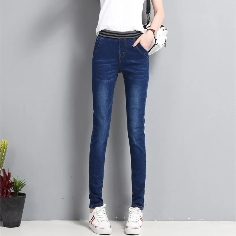 NVZHUREN Plus Size Solid Blue Warm Jeans For Women Casual Denim Pants Woman Winter Elastic Waist Stretch Female |