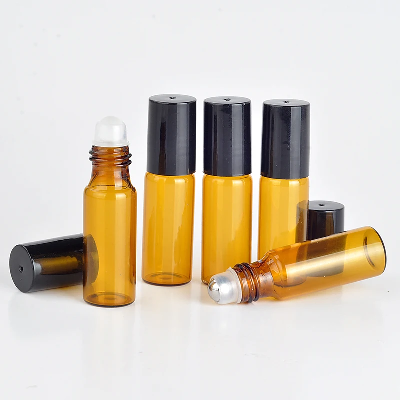 

200pcs/lot 5ml Roll On Portable Amber Glass Refillable Perfume Bottle Empty Essential Oil Case With Plastic Cap