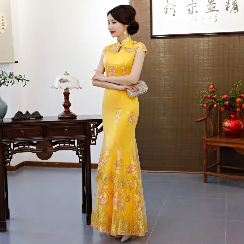 Желтые Традиционные вечерние Cheongsam в китайском стиле женские элегантные тонкие