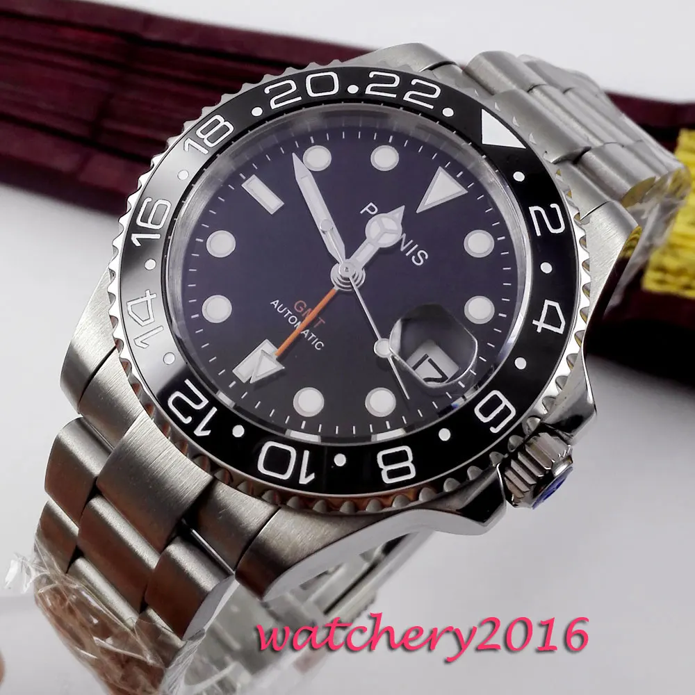 40 мм Parnis механические часы черный керамический ободок GMT дайвер мужские