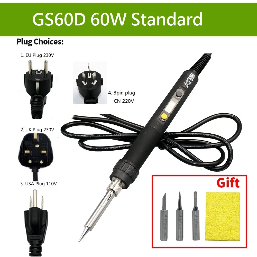 A-BF GS60D 60 Вт 836D 60 Вт 220 В Электрический паяльник с регулируемой температурой паяльная станция с паяльными наконечниками, припой - Цвет: GS60D Standard