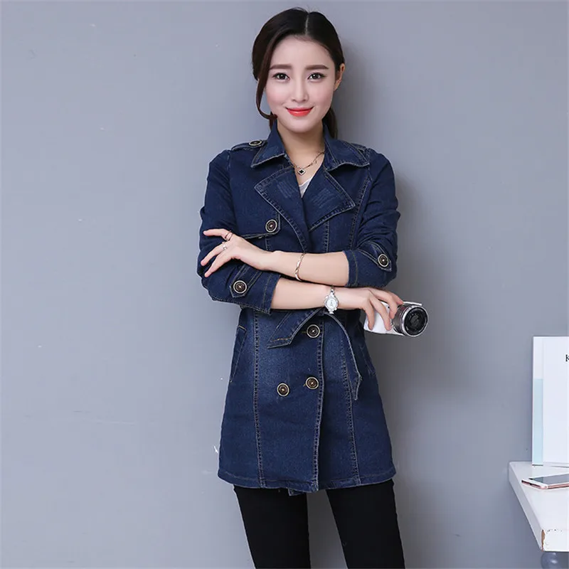 2019 Autumn Denim Jacket Coat Women Double-breasted Full Sleeves Vintage Windbreaker Female Long Jean Outerwear Tops R640 | Женская