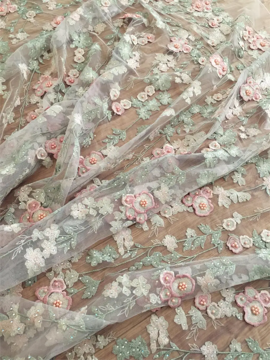 Роскошная розовая ткань с аппликацией и бисером хлопковая кружевная для