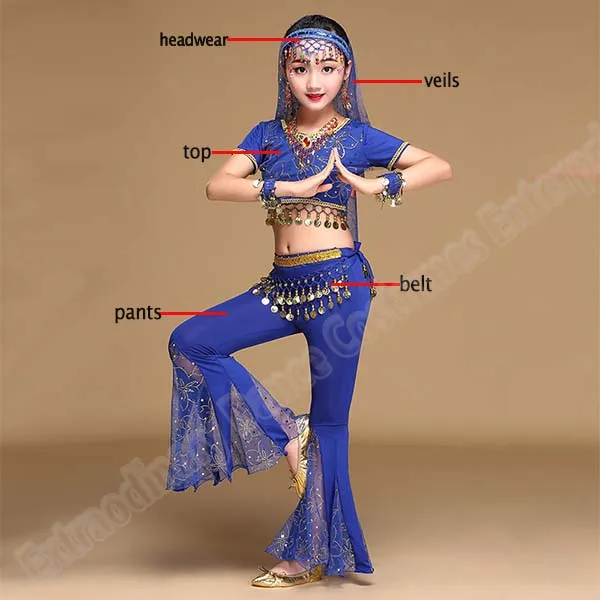 Royal blue-5pcs Девушки Болливуд танцевальные костюмы танец живота индийский набор сари шифон наряд представление на Хэллоуин Топ Пояс брюки Вуаль головной убор - Цвет: Royal blue-5pcs