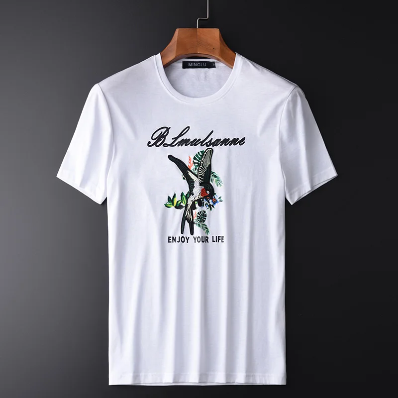 Minglu протектор мерсеризации мужские футболки класса люкс с вышивкой в виде птицы