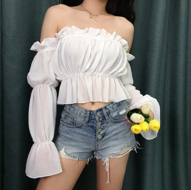 Женский топ из шифона летняя футболка с длинным рукавом и оборками | Женская