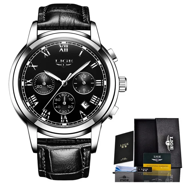 Silver black LIGE мужские часы Топ бренд Роскошные мужские спортивные часы для мужчин повседневные кожаные водонепроницаемые часы кварцевые часы Erkek Kol Saati - Цвет: Silver black