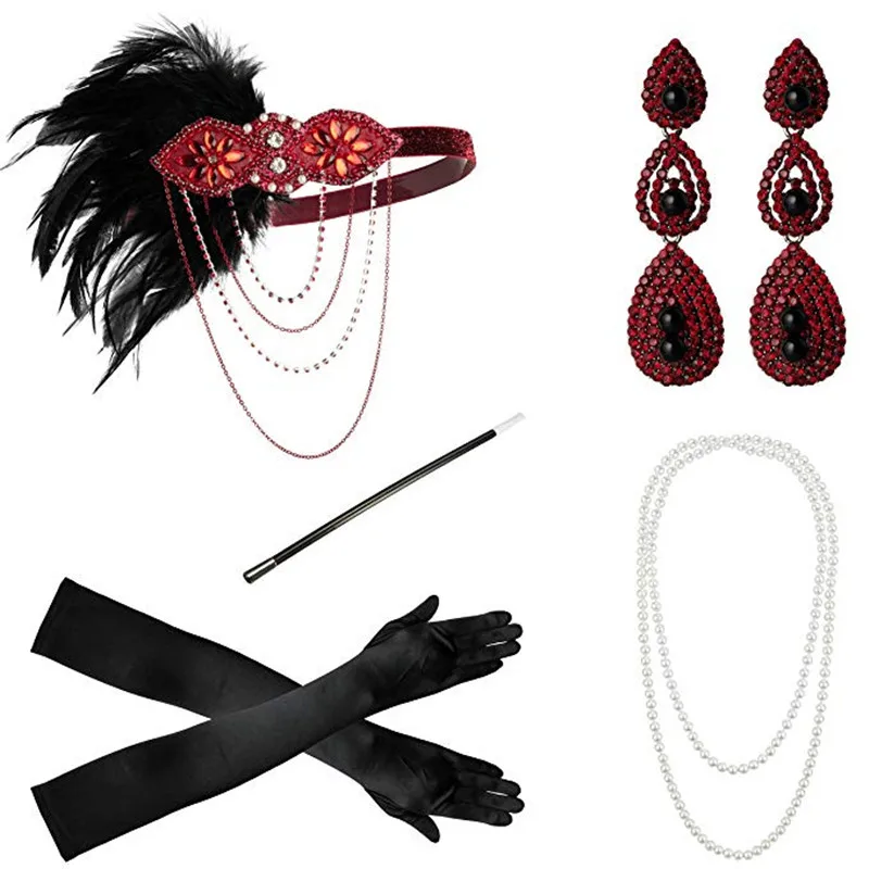 Женский 1920 s Flapper аксессуары Gatsby костюм аксессуары набор 20 s обруч с завязкой жемчужное ожерелье перчатки сигарета держатель