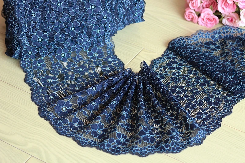 

19cm wide 2 yds/lot,Dark blue Handmade Hair Decoration Wide Elastic Stretch Lace Trim wedding dress skirt lace trim