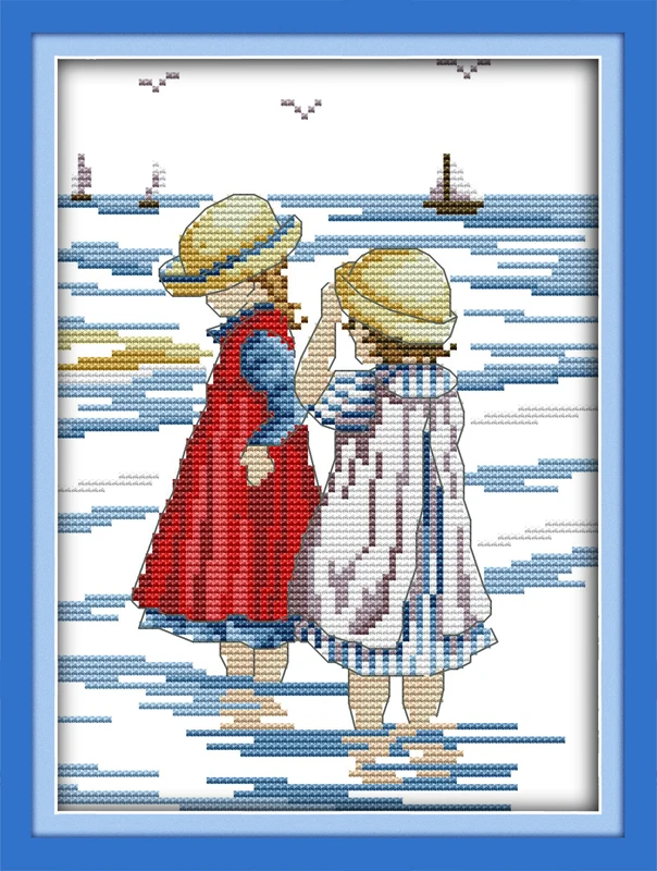 

Sisters on beach cross stitch kit cartoon all our yesterday Aida count 18ct 14ct 11ct print embroidery DIY handmade needlework