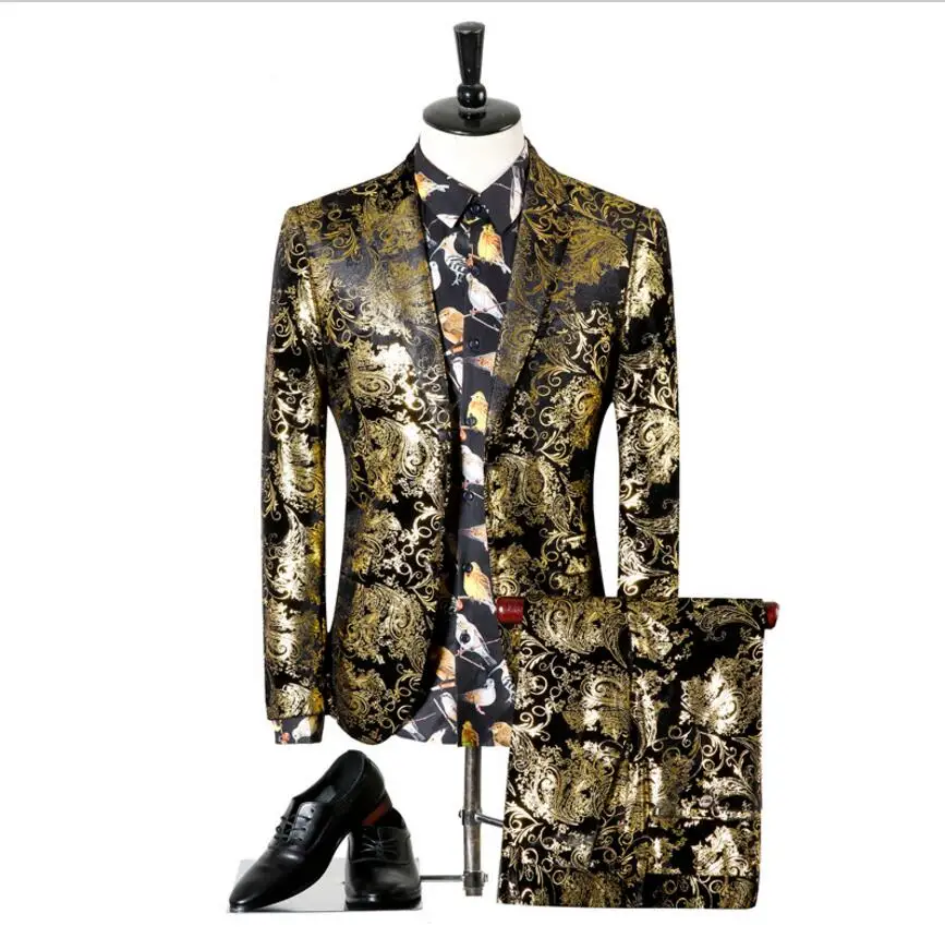 

M-5xl Men Wedding Suit Dress Printed Floral Black Gold Tuxedo Stage Costumes For Singer Costumes Slim Formal Dress Suit +pants