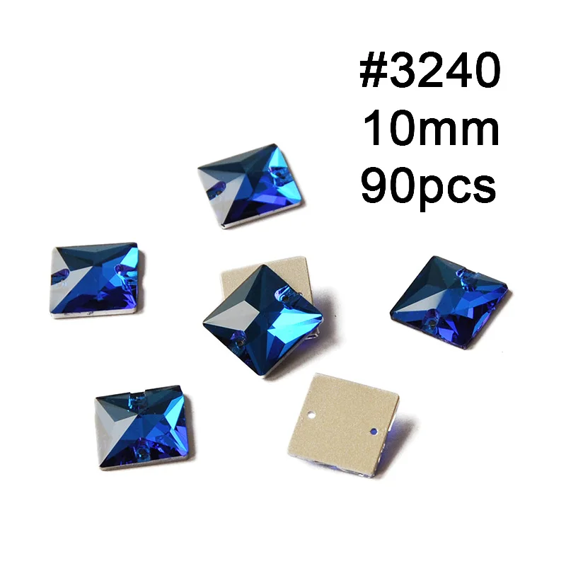 Square 10mm 90pcs Разные размеры Форма Стразы 243 голубое стекло Швейные Кристаллы с плоской задней частью 2 отверстия Свободные Стразы шьют на Стразы для женского платья - Цвет: Square 10mm 90pcs