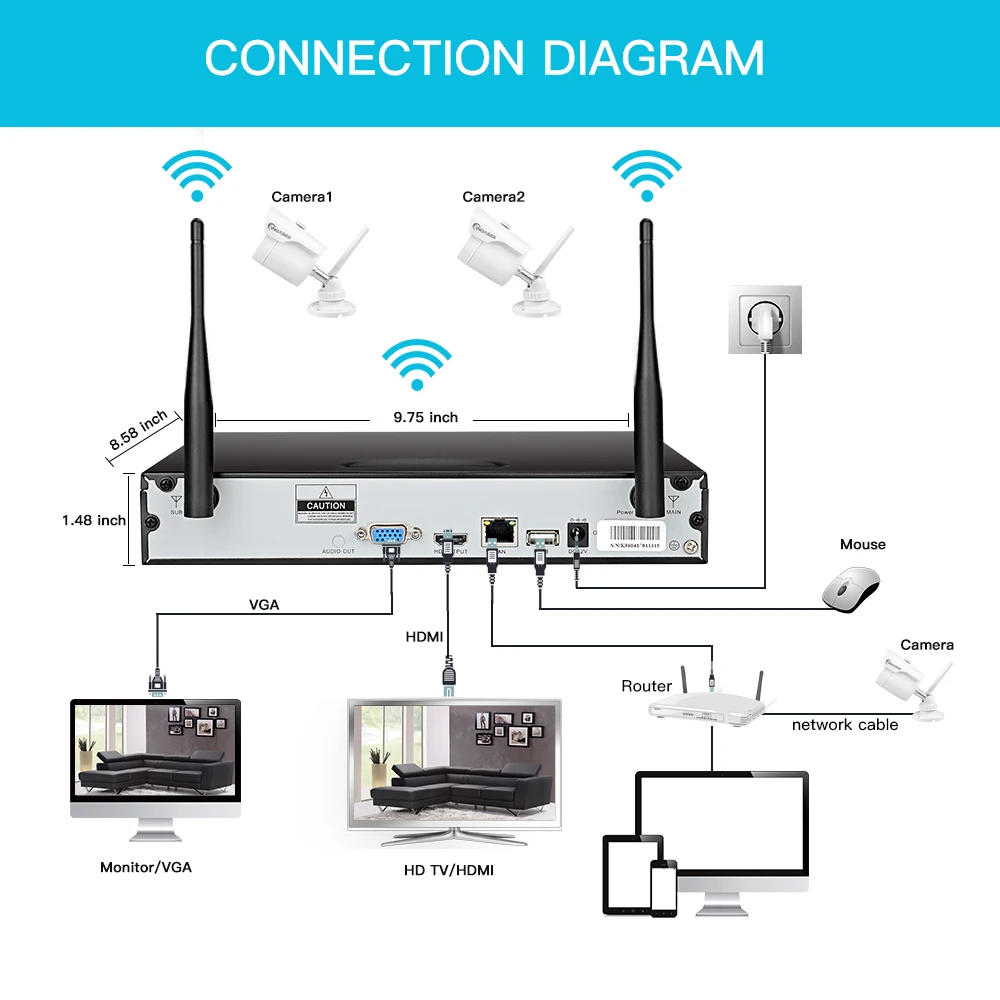 Woaser plug and play 1080 P 4ch Беспроводной NVR комплект P2P 2.0mp HD Открытый ИК 36leds Ночное Видение
