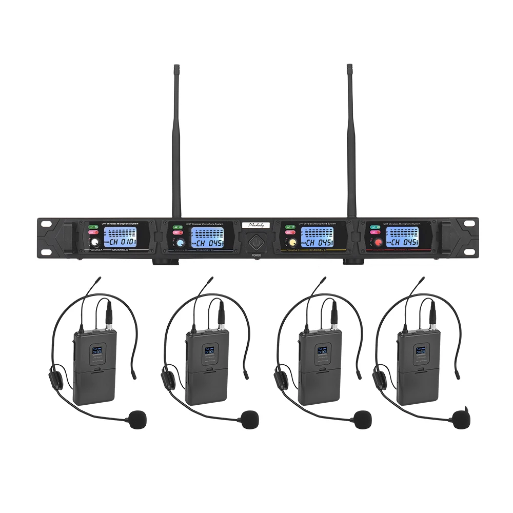 

Professional 4-Channel UHF Wireless Microphone System 4 Headset Microphones with Bodypack Transmitters + 1 Rack-Mount Receiver