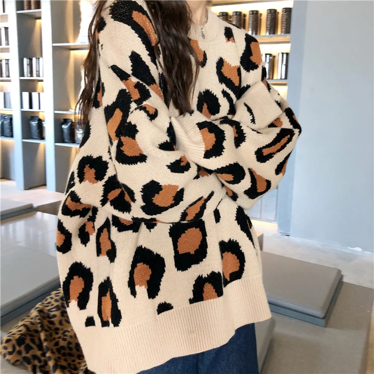Модные женские свитера с леопардовым принтом,, корейский стиль, Осень-зима, Свободный пуловер с принтом, свитер для женщин, большие размеры, джемперы с круглым вырезом, трикотаж