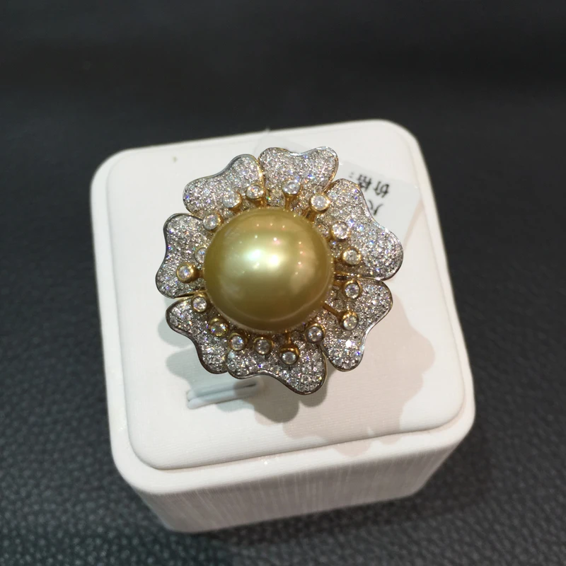 12.5-13MM natural gold pearl ring 18K with diamond flower big southsea jewelry cocktail free shipping | Украшения и аксессуары