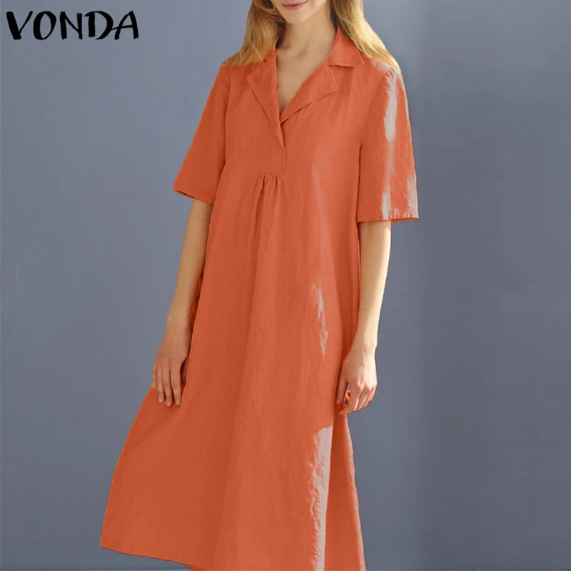 VONDA, женское Ретро Хлопковое платье, рубашка, лето-осень, элегантное, повседневное, свободное, v-образный вырез, рукав до середины икры, Vestidos размера плюс 5XL