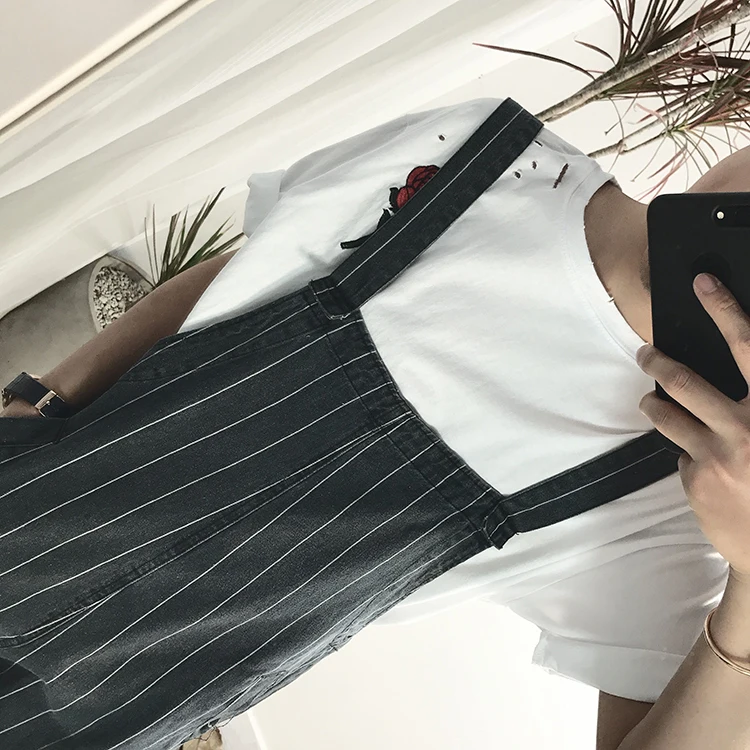 

Men's blue jeans overalls with loose striped trousers