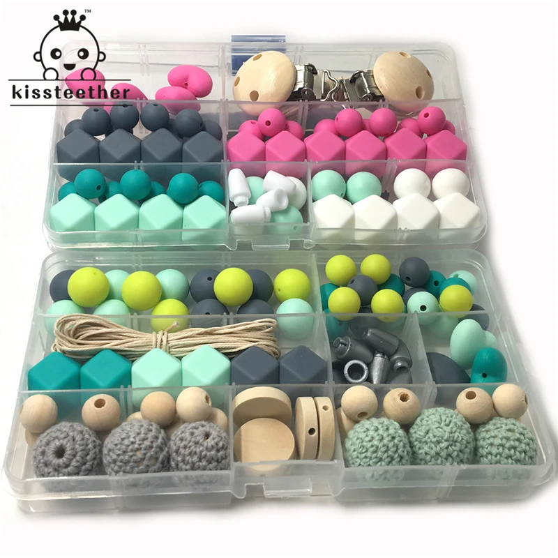 

2pcs Baby Teether Toy Silicone Teether Pacifier Clip Geometric Hexagon Silicone Crochet Bead DIY Wooden Teether Nursing Necklack