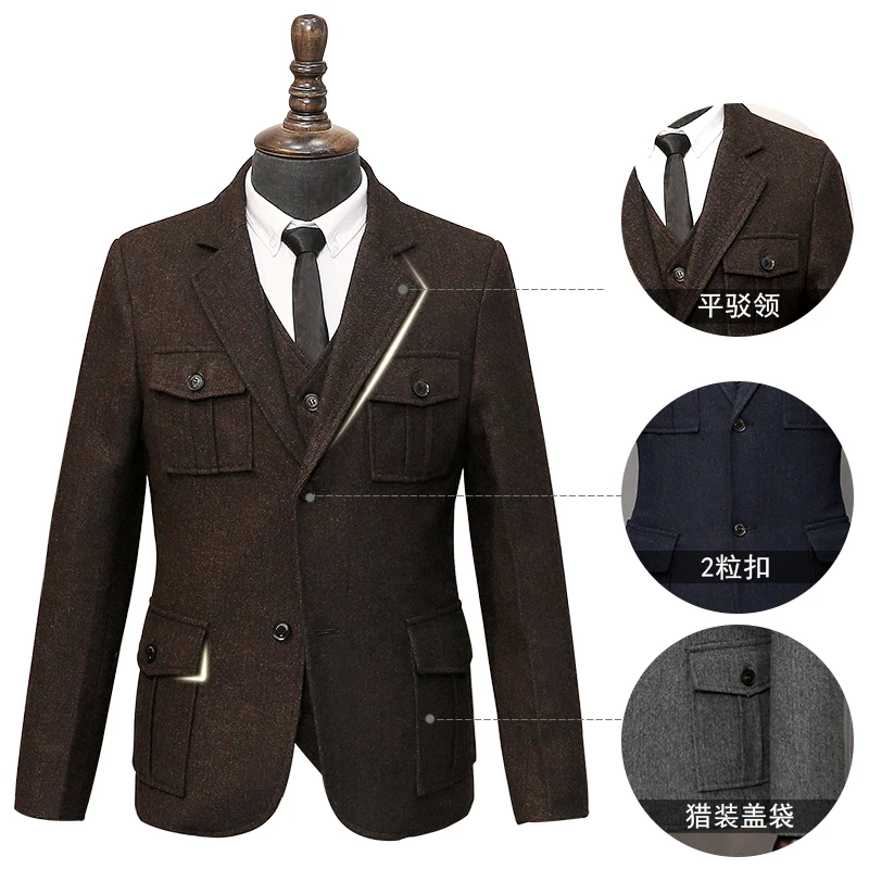 

Wool Suit Men's Large Size Blazers American Hunting Multi-pocket Jacket Winter Herringbone Pattern Casual Suit Men Suits S-4xl
