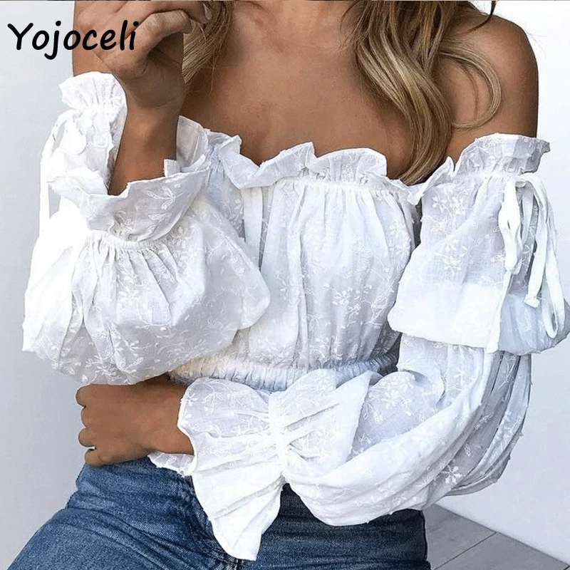 Женская блузка с открытыми плечами Yojoceli Цветочная вышивка пляжные блузы в стиле