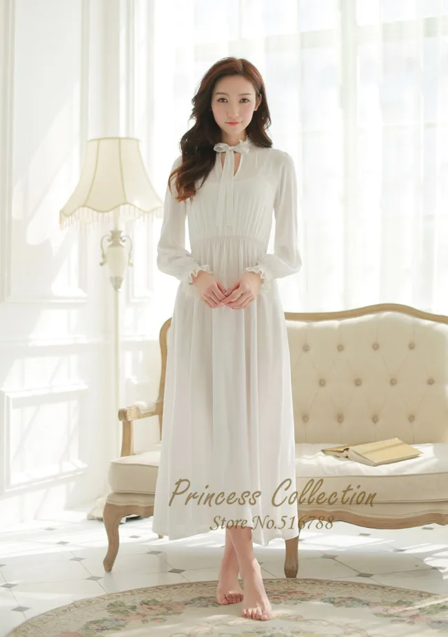 Бесплатная доставка женская ночная рубашка в стиле принцессы белого и голубого