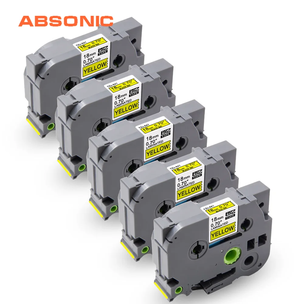 Absonic 5 шт. лента TZe 641 черная на желтом ламинированном совместимом брате 18 мм TZe-641