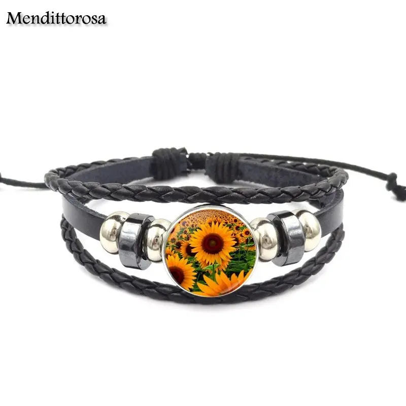 Браслет из черной кожи для девочек лучший подарок милой дочери сестры подсолнуха