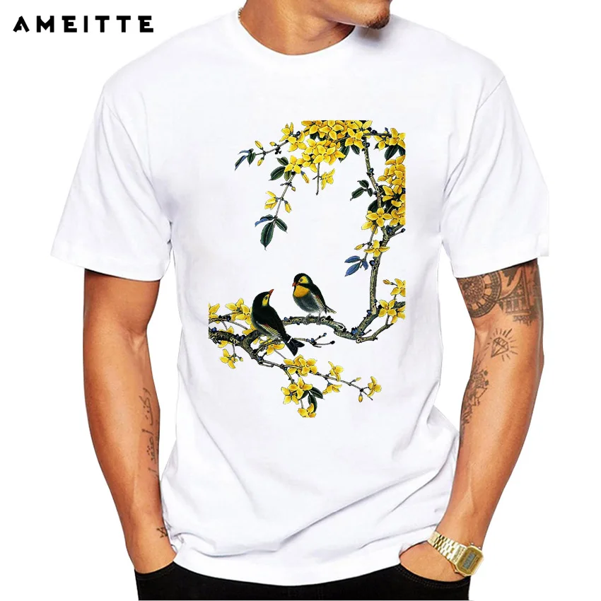 Мужская футболка AMEITTE белая с принтом в виде цветов и птиц высокое качество |