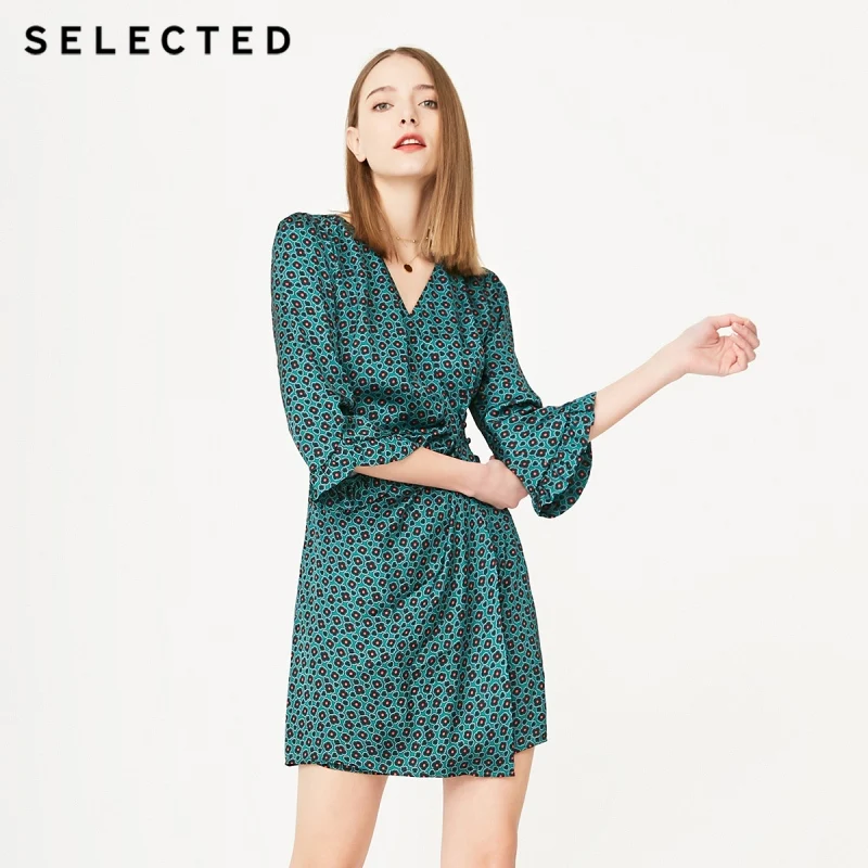 Платье с рукавами на завязках и принтом треугольным вырезом S | 41922J502|Женские