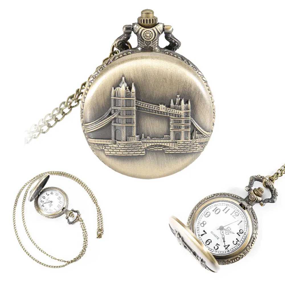 

New Timer Vintage London Tower Bridge Case Pendant Pocket Watch With Necklace Chain Clock Gifts for Boy Girl