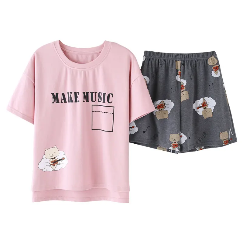 pink BZEL розовый пижамный комплект, милый домашний костюм с мультяшным животным принтом, женская ночная рубашка с круглым вырезом, женская одежда для отдыха, летняя Домашняя одежда, большой размер - Цвет: pink