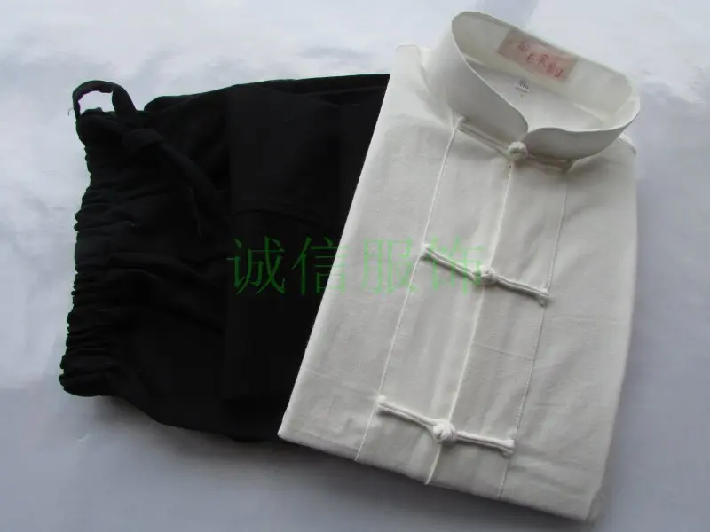 white black Китайские мужские одноцветные Костюмы кунг-фу размера плюс, хлопок, свободные комплекты Wu Shu Tai Chi, куртка и брюки, M L XL XXL 3XL 4XL, YZT090610 - Цвет: white black
